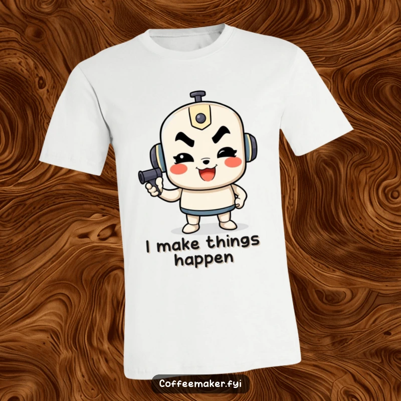 Funny t-shirt with a determined French press character pumping, representing hard work and coffee appreciation.