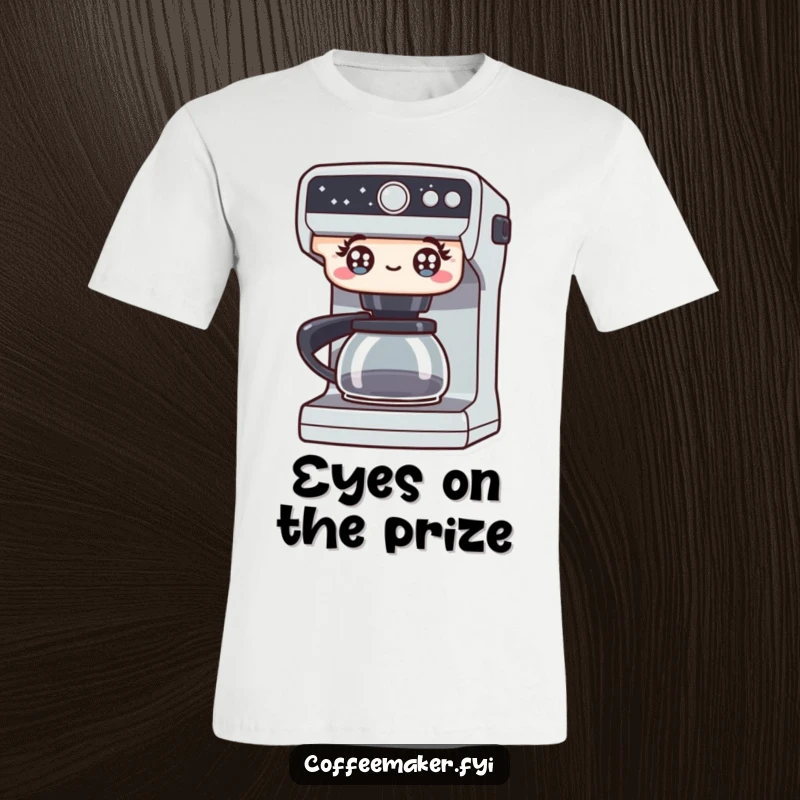 Funny t-shirt featuring a coffee maker with wide, sparkling, excited eyes, conveying pure enthusiasm for brewing and coffee. A humorous and energetic design.