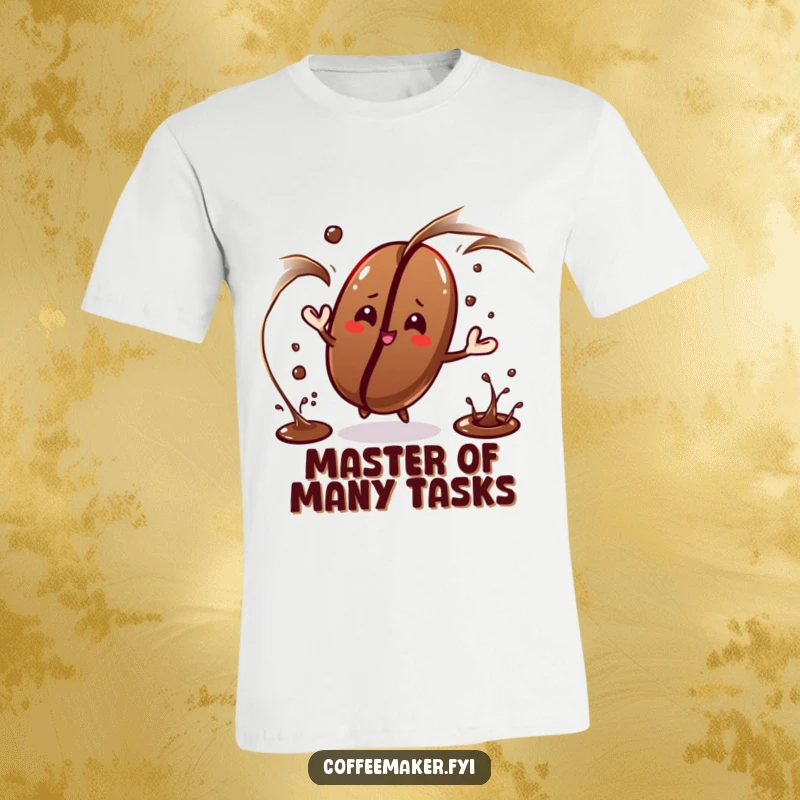 Funny coffee bean character juggling dark liquid streams on this t-shirt, a humorous display of skill.