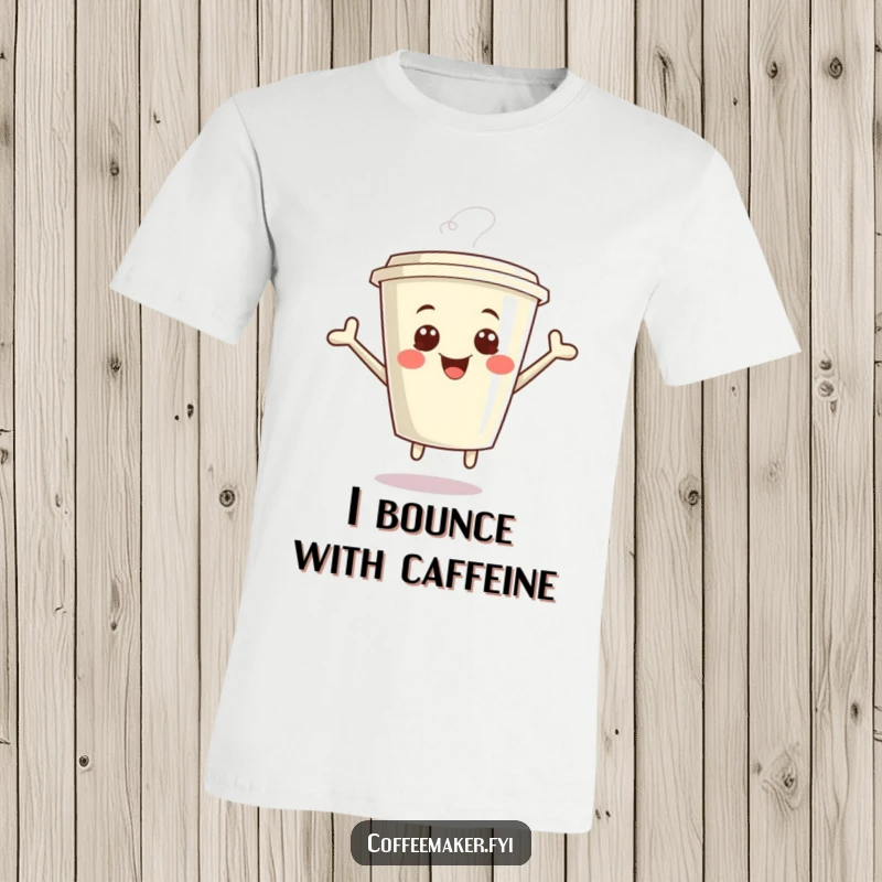 Funny Kawaii Coffee Cup T-Shirt featuring a giggling cup jumping ecstatically, ideal for joyful apparel and a humorous gift.