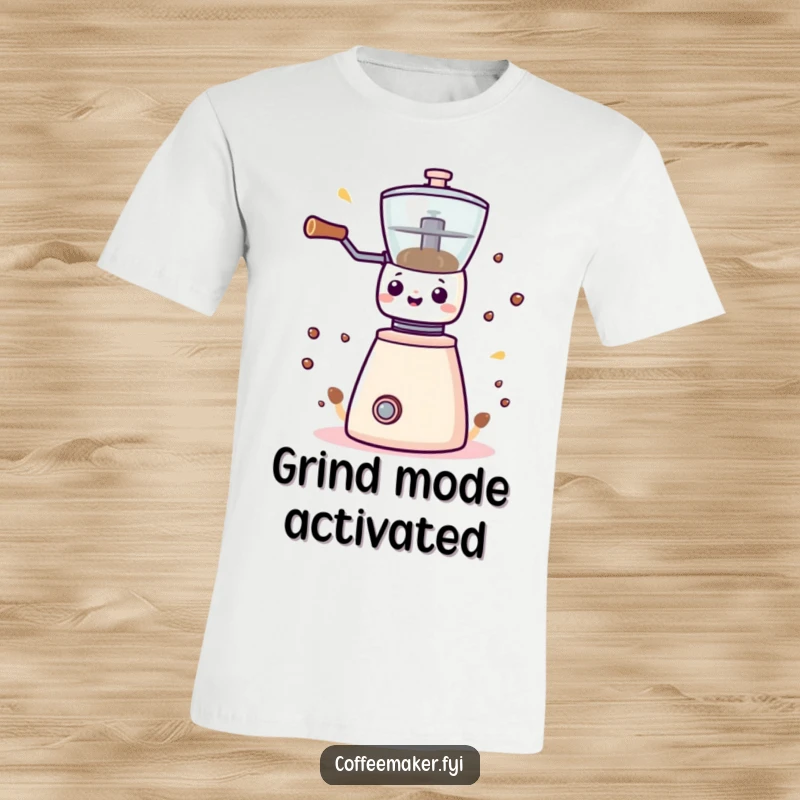 Funny Kawaii coffee grinder t-shirt, bursting with energy and playful charm, ideal for coffee enthusiasts.