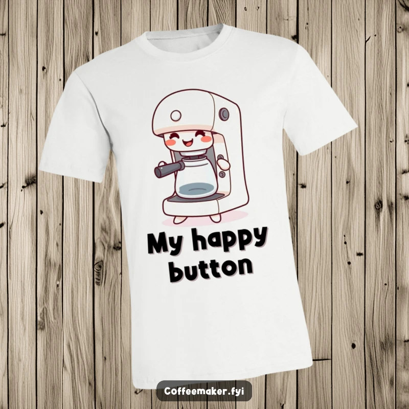 Funny t-shirt with a happy kawaii coffee maker jigging with its buttons pressed, ideal for coffee lovers who love to dance.