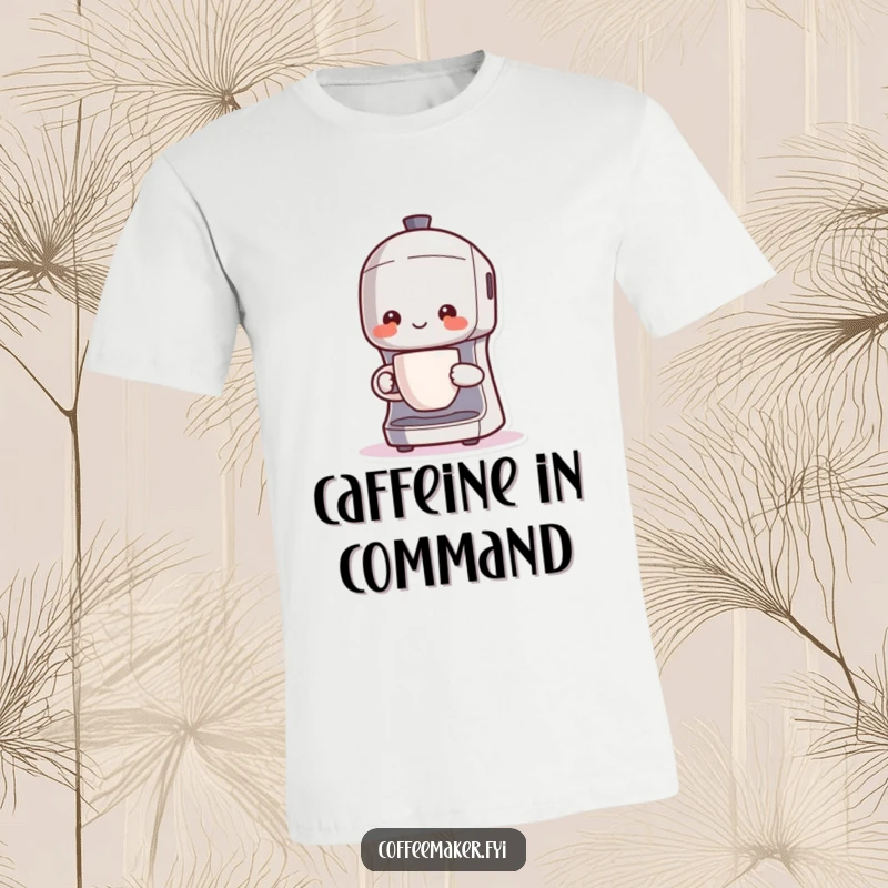 Funny Kawaii coffee maker character proudly holding a steaming cup, cheerful and ready for the day, soft graphic tee.