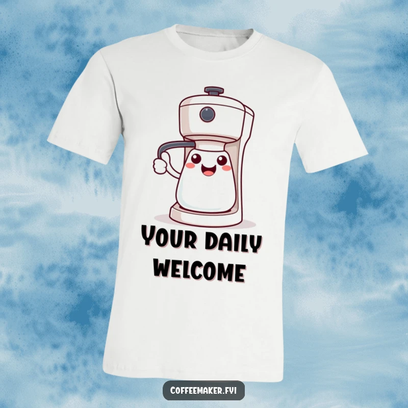 Funny Kawaii coffee maker character in a t-shirt, handle extended in a welcoming gesture, friendly vibe.