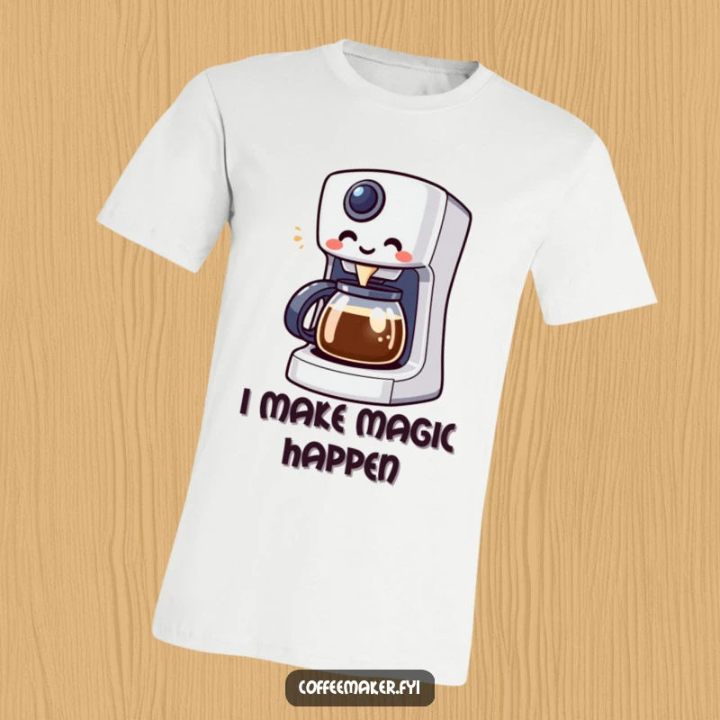 Funny Kawaii coffee maker character with a big smile, energetically brewing a steaming cup of coffee.