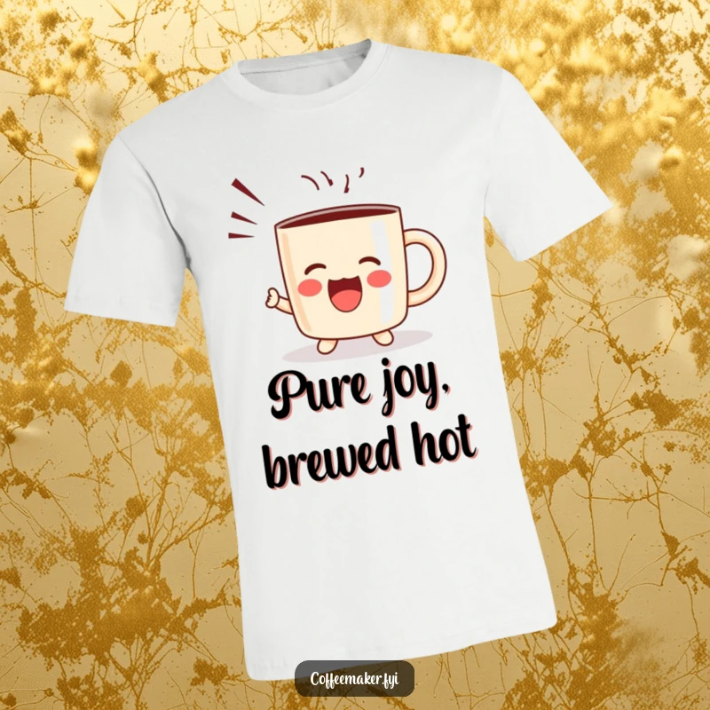 Funny kawaii coffee mug t-shirt showing a joyous character shouting with sound waves, perfect for happy, energetic people.