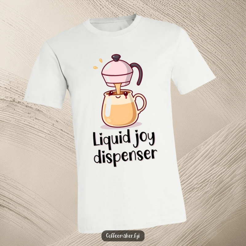 Funny Kawaii coffee pot t-shirt joyfully pouring a happy stream of happiness, designed for cheerful individuals.