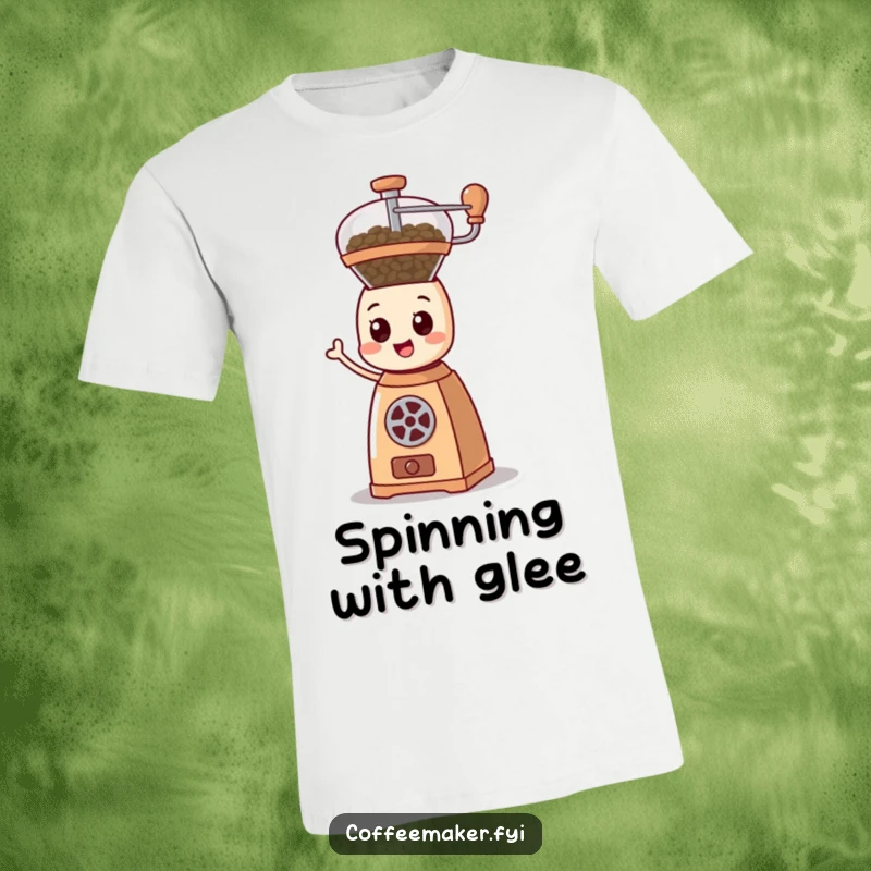Funny cartoonish coffee grinder character spinning its mechanism energetically with motion lines, looking happy and ready on a t-shirt.