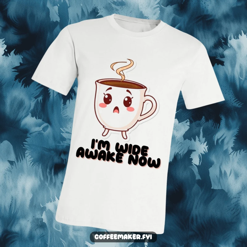 Funny surprised coffee cup t-shirt, a character in shock with rapidly rising steam, capturing morning chaos.