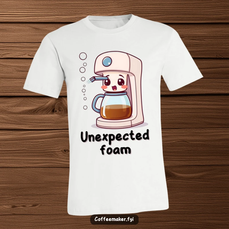 A coffee maker machine comically surprised, spraying bubbles from its spout, featured prominently on a t-shirt.