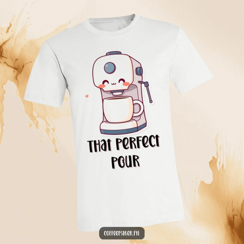 Funny t-shirt showing a coffee maker character looking utterly surprised and delighted by the perfect cup of coffee it just brewed.