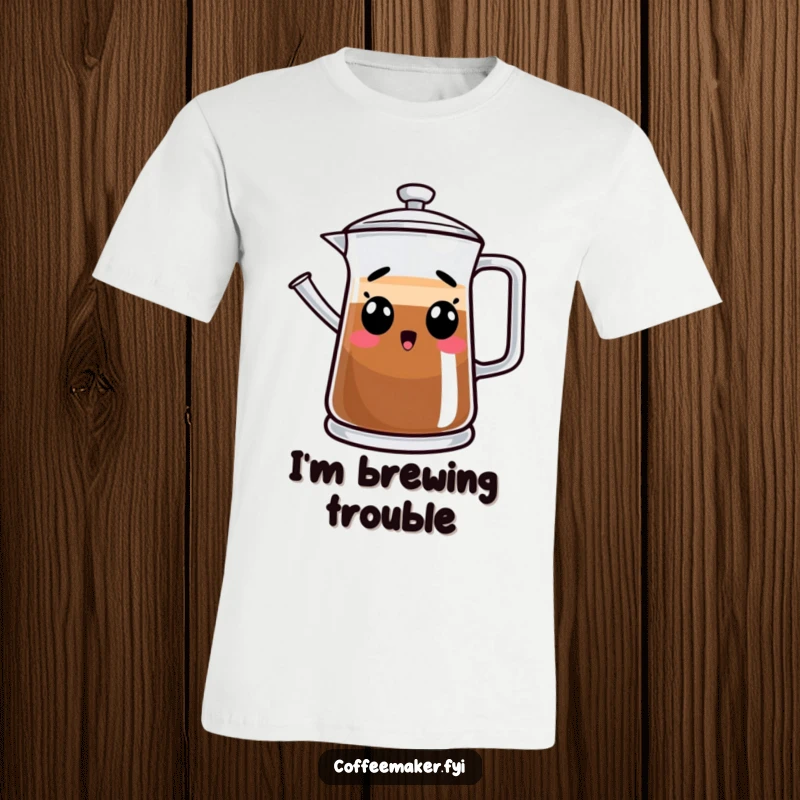 Funny surprised coffee pot t-shirt, a comical graphic tee with a shocked brewing character, ideal for humor.