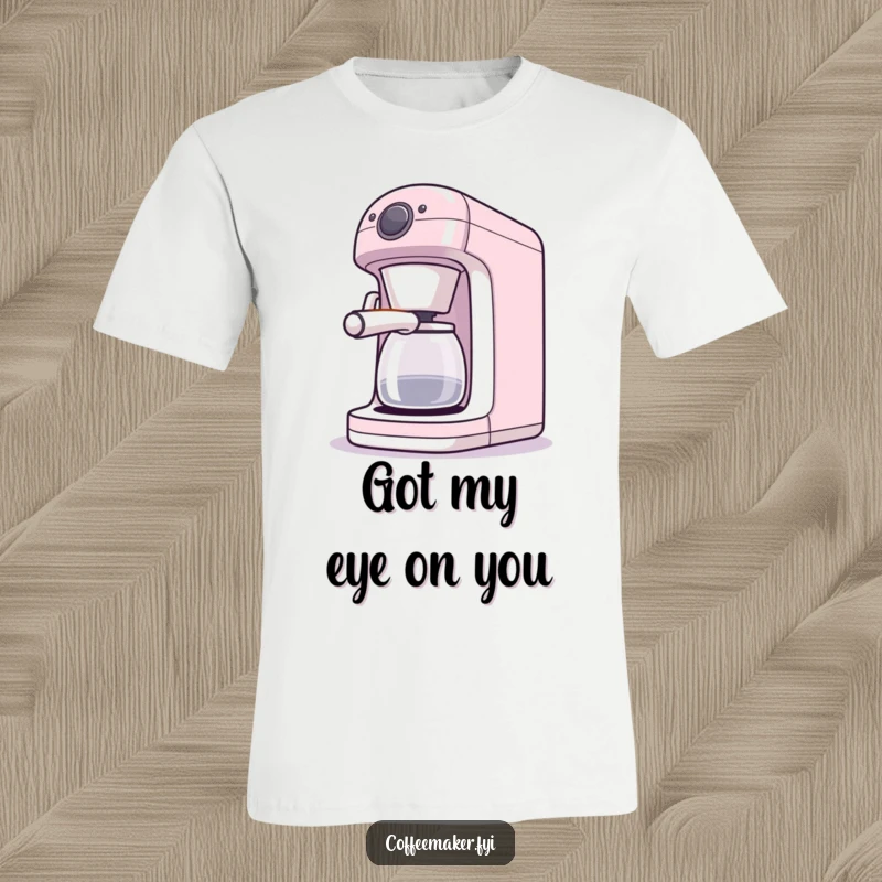Funny t-shirt with a coffee maker character winking its light, ideal for coffee machine fans.
