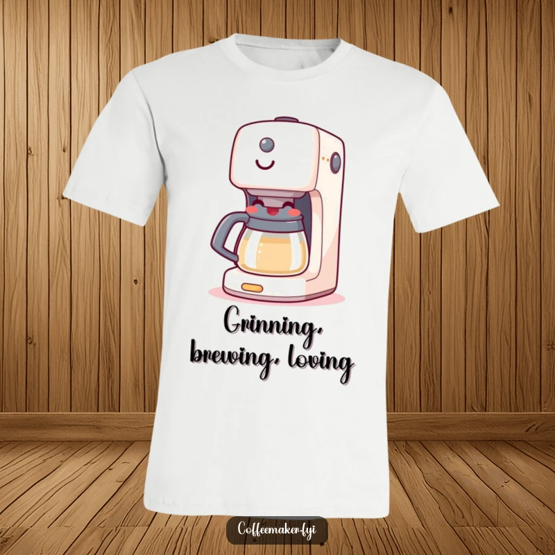Funny t-shirt featuring a smiling coffee maker machine happily boiling, exuding warmth and morning enthusiasm.