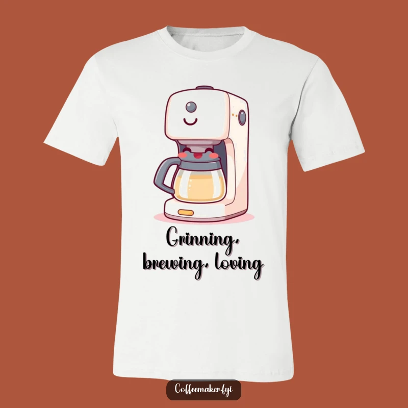 Funny Boiling Coffee Maker T-Shirt: Happy Grinning Machine Design