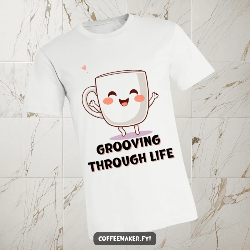 Funny Kawaii Coffee Mug T-Shirt showing a cheerful mug character dancing with joy, embodying happiness and a love for movement.