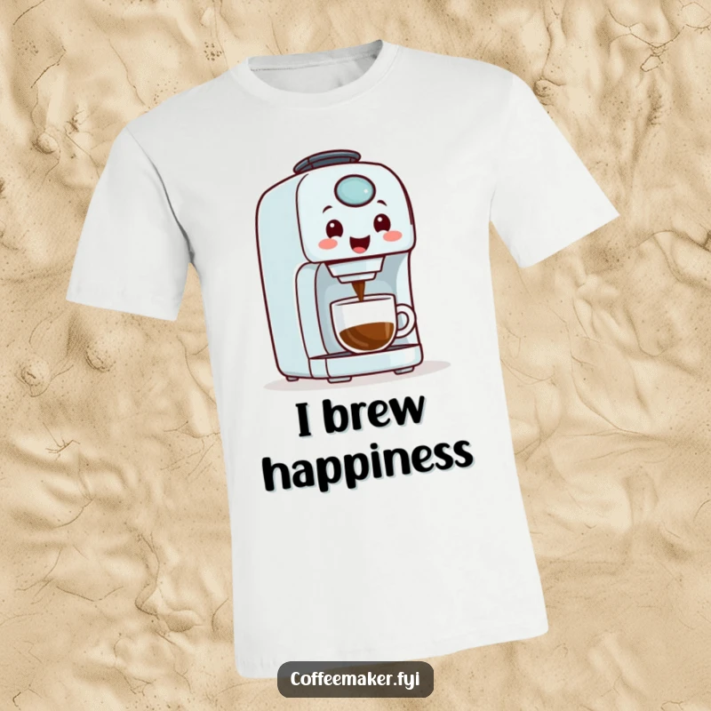 Funny coffee maker machine with a friendly face pouring coffee, depicted on a comfortable t-shirt.