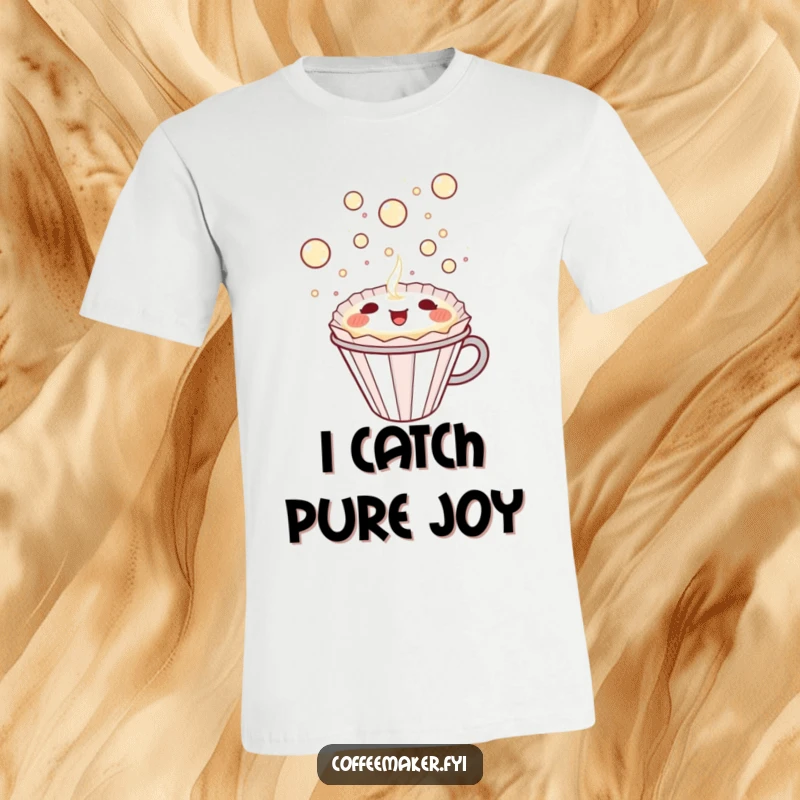 Funny Kawaii Coffee Filter T-Shirt happily catching bubbly delight, ideal for cheerful apparel and a humorous gift.