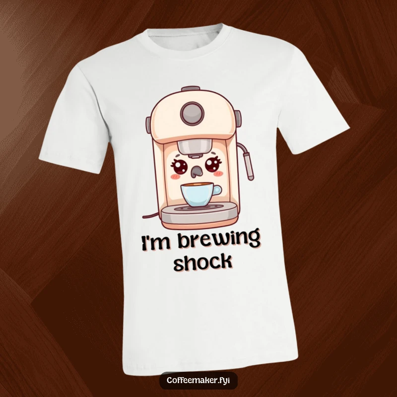 Funny Kawaii Espresso Machine T-Shirt with wide, surprised eyes, illustrating the shock of brewing, ideal for humorous casual wear.