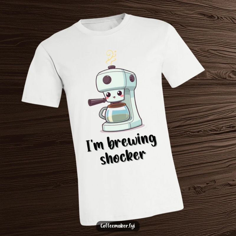 Funny Surprised Coffee Maker T-Shirt: Coffee machine shocked with steam puffing out, capturing morning bewilderment hilariously.