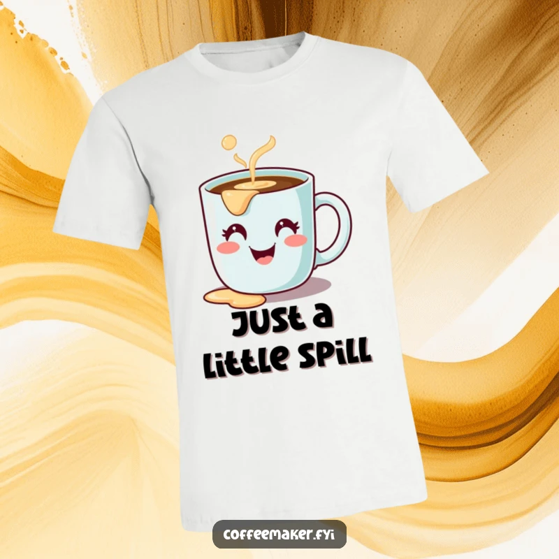 Funny t-shirt with a cute coffee mug character, smiling wide and spilling coffee, spreading joy and humor.