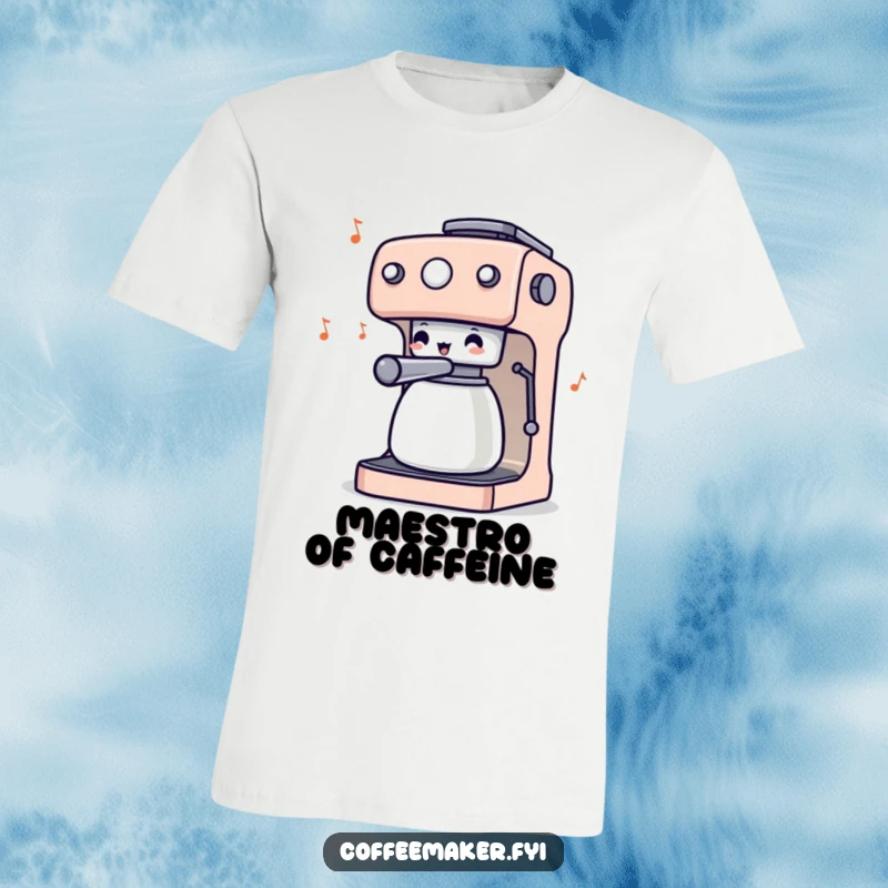 Funny t-shirt showcasing a coffee maker character excitedly conducting an invisible orchestra with its wiggling knobs, radiating musical energy.