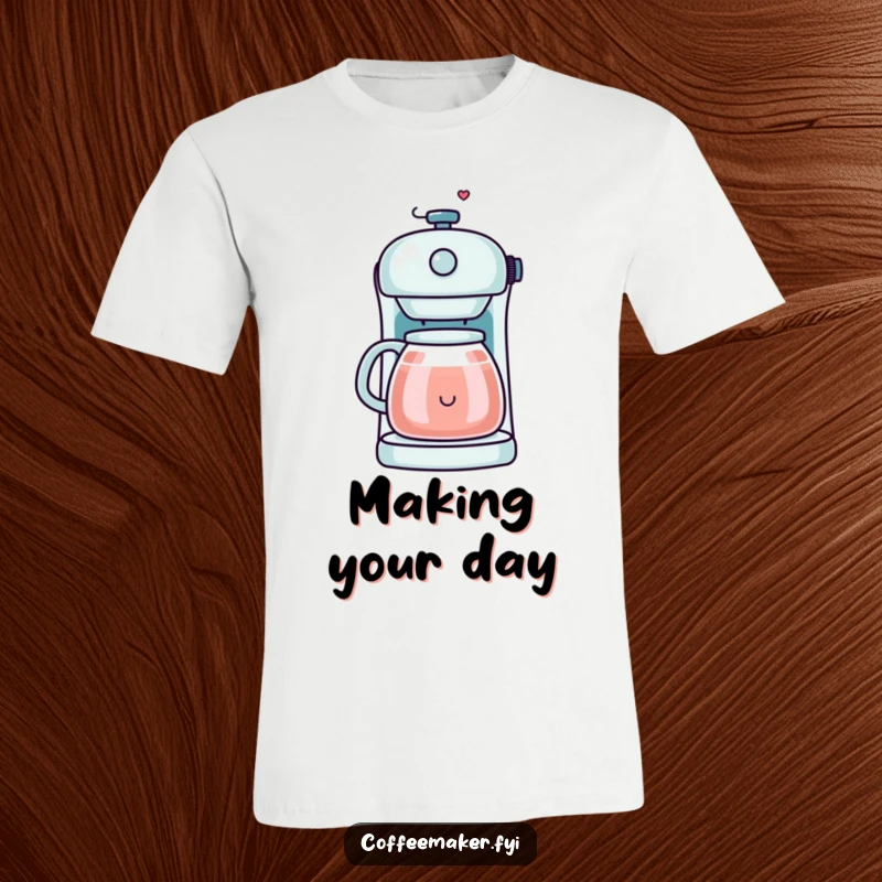 Funny Kawaii Coffee Maker T-Shirt showing a smiling face made of steam, embodying happiness and the joy of fresh coffee.