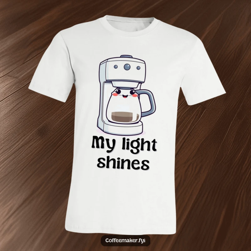 A coffee maker machine playfully winking with its brewing light illuminated, featured on a comfortable t-shirt.