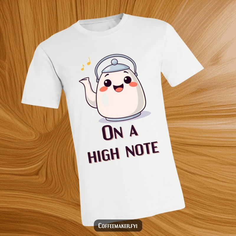 Funny T-Shirt: A grinning, happy kettle character joyfully whistling a cheerful tune, embodying pure delight.
