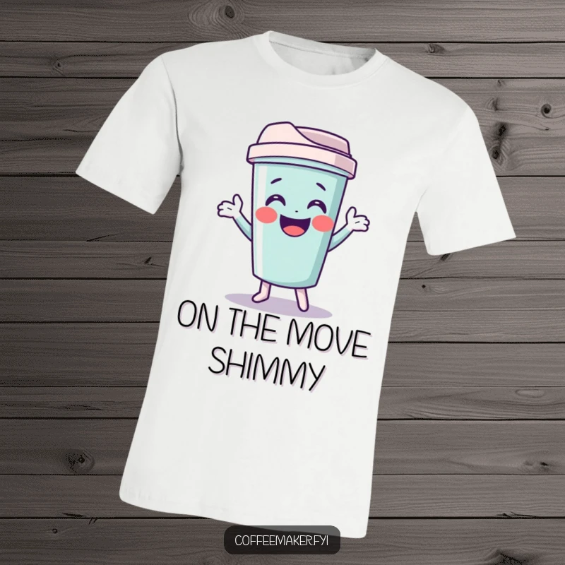 Funny travel mug t-shirt with a giggling character doing a funny shimmy, ideal for casual wear and adventurous souls.