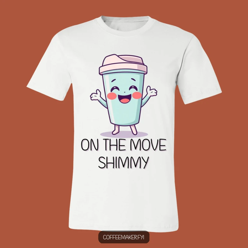 Funny Travel Mug T-Shirt: Giggling Shimmy Character Tee for Adventures