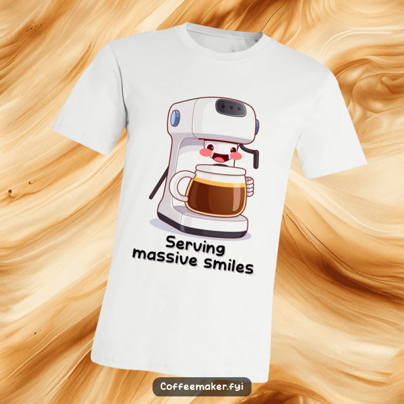 Funny t-shirt featuring a smiling coffee maker pouring an oversized mug, representing the joy of a substantial coffee serving. A humorous and comfortable shirt.