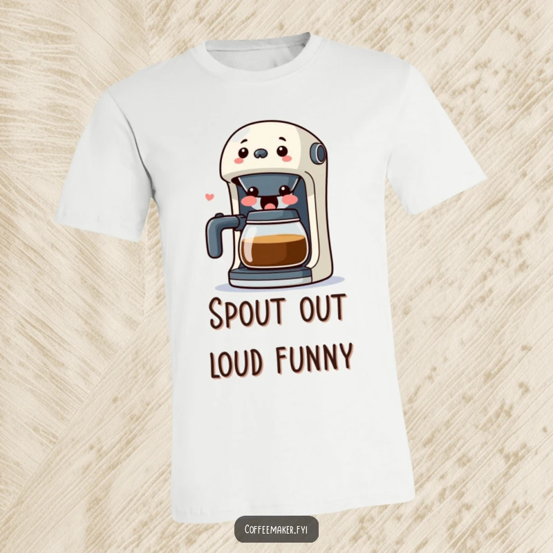 Funny Kawaii Coffee Maker T-Shirt featuring a surprised character with its spout wide open in laughter, embodying comedic surprise.