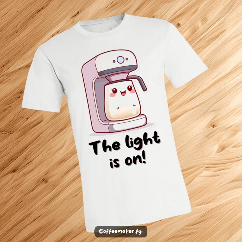 Funny Kawaii coffee maker character t-shirt, eyes glued to a blinking brewing light, pure excitement.