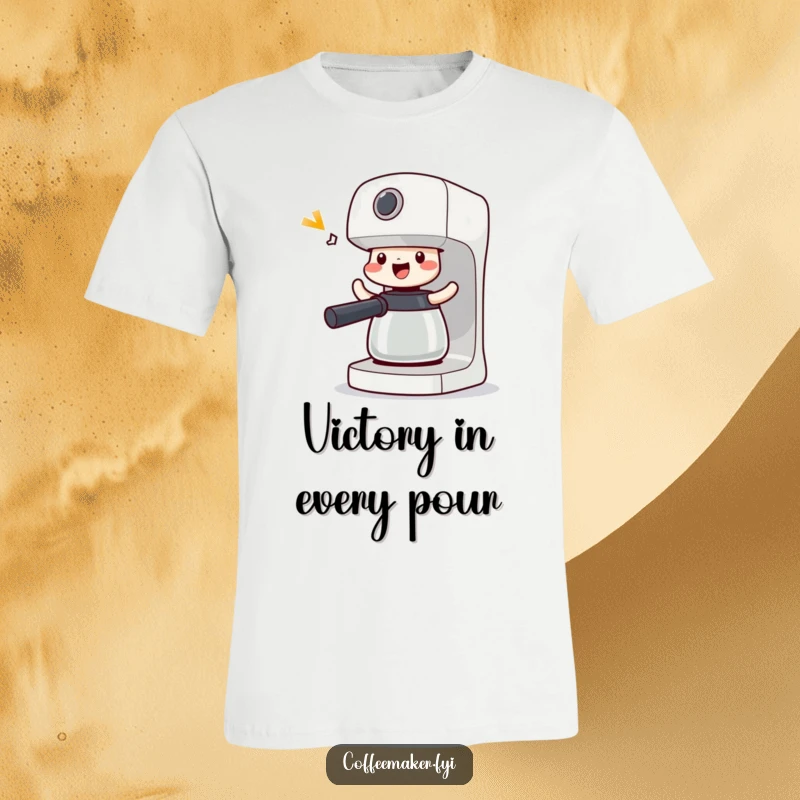 Funny Victorious Coffee Maker T-Shirt: Coffee machine performing a joyful shimmy, celebrating brewed coffee with happy dance moves.