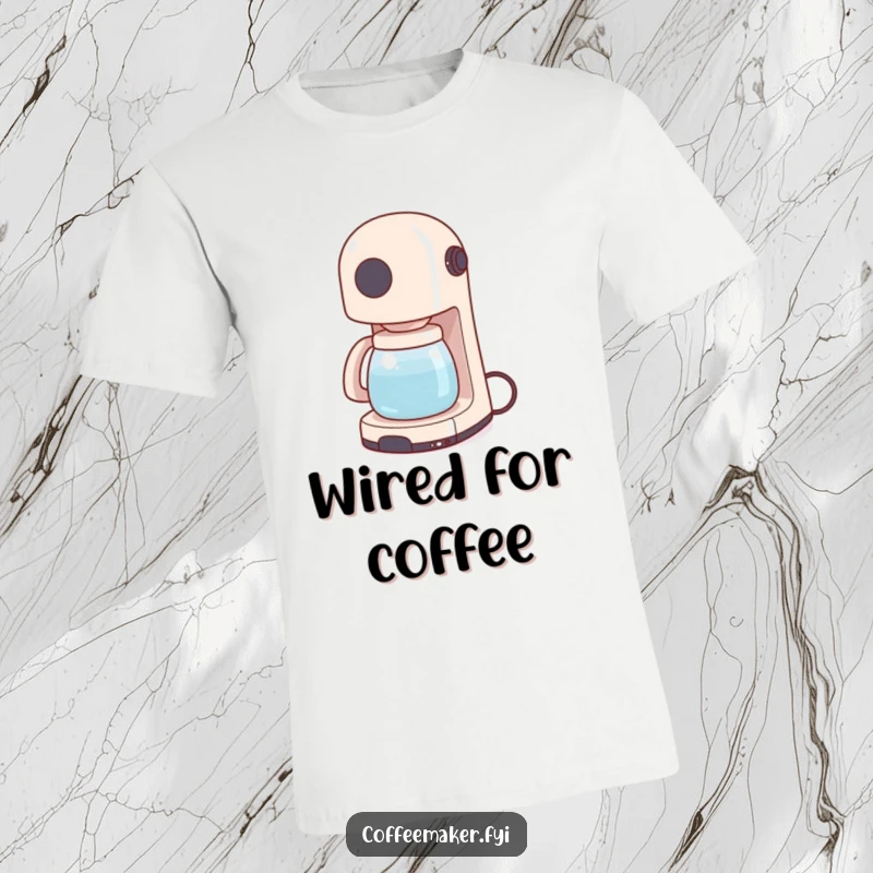 Funny t-shirt depicting a small, happy coffee maker wiggling its power cord enthusiastically like a wagging tail.