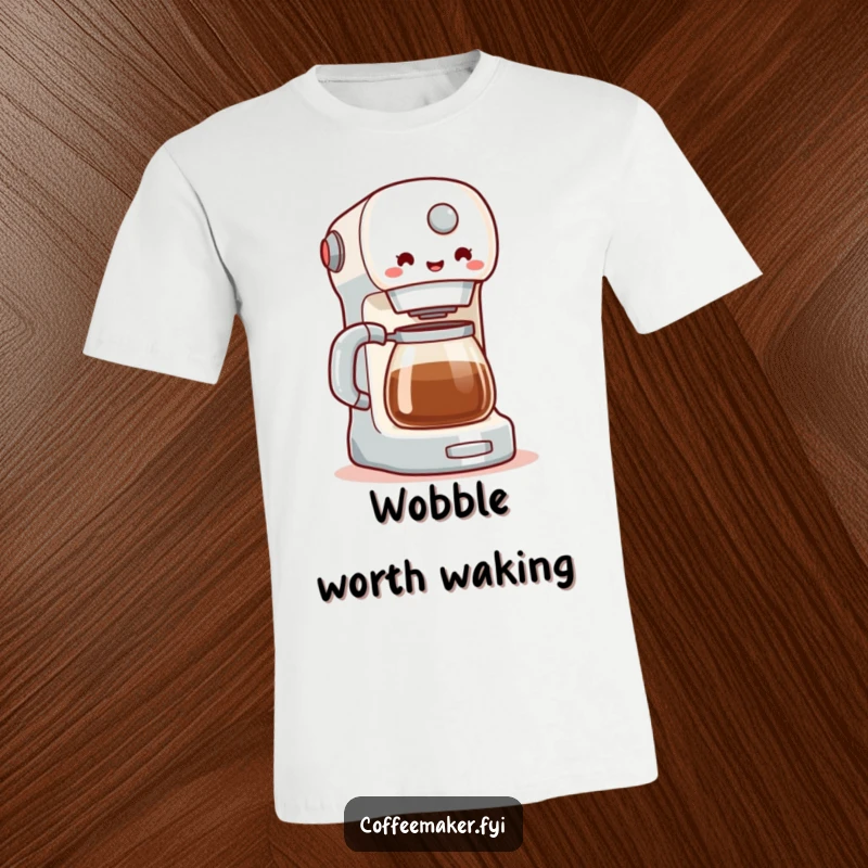 Funny t-shirt featuring a coffee maker in a delightful, energetic wobble, personifying the joy of making coffee. A comfortable and humorous apparel choice.