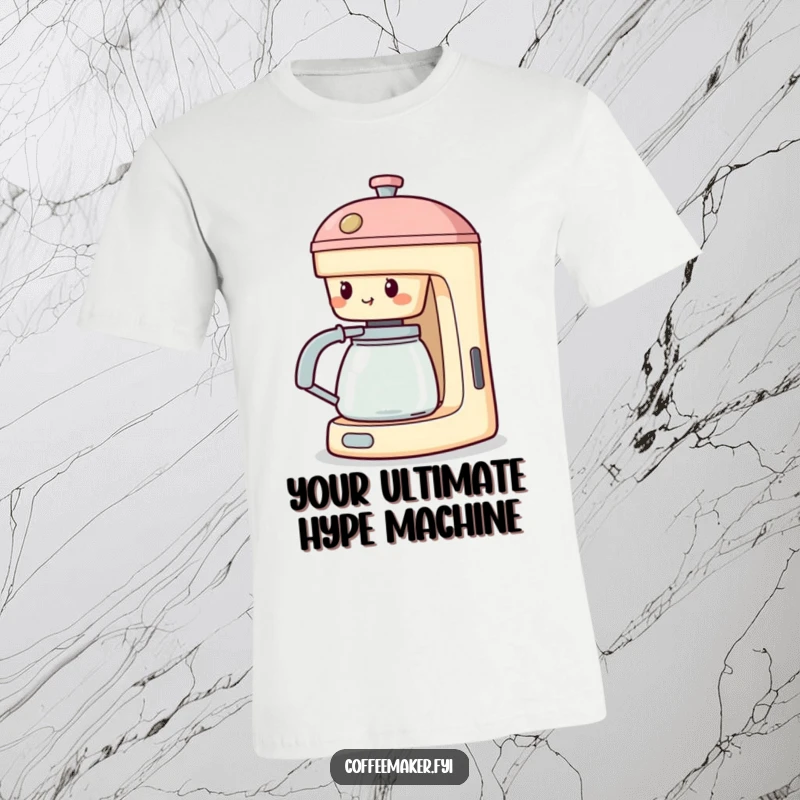 Funny Cheering Coffee Maker T-Shirt: Machine with spout extended, cheering enthusiastically for coffee and good times.