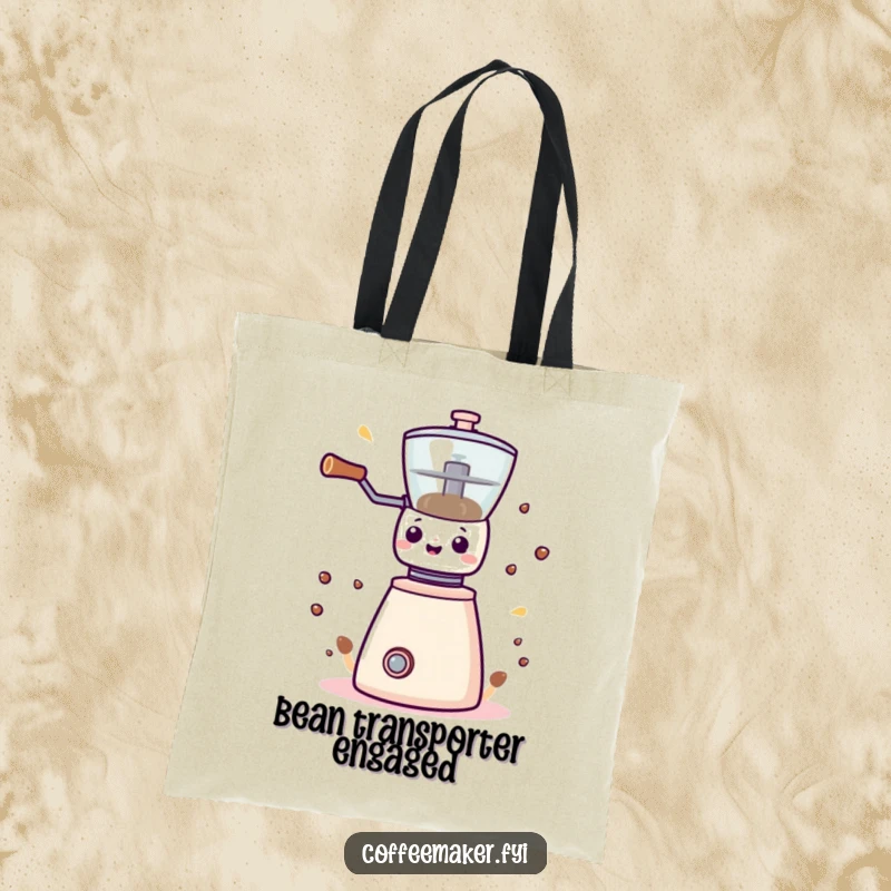 Funny Kawaii coffee grinder tote bag, showcasing playful energy and a love for coffee, great for shoppers.