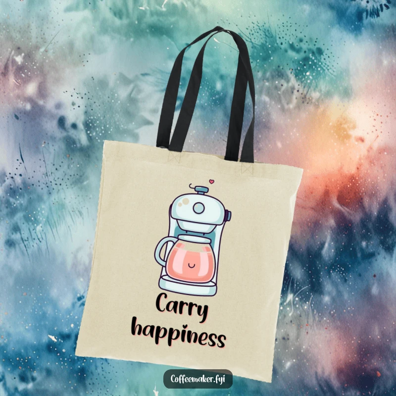 Funny Kawaii Coffee Maker Tote Bag with steam forming a smiley face, perfect for carrying essentials with cheerful style.