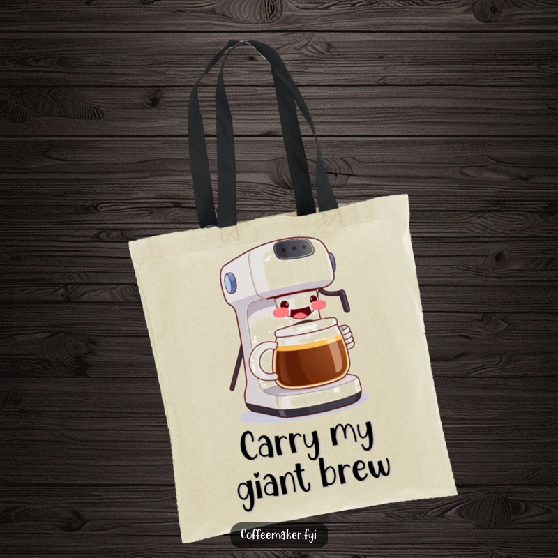 Funny tote bag showcasing a grinning coffee maker pouring a huge mug, perfect for carrying daily items with a humorous, coffee-centric flair. A practical accessory.