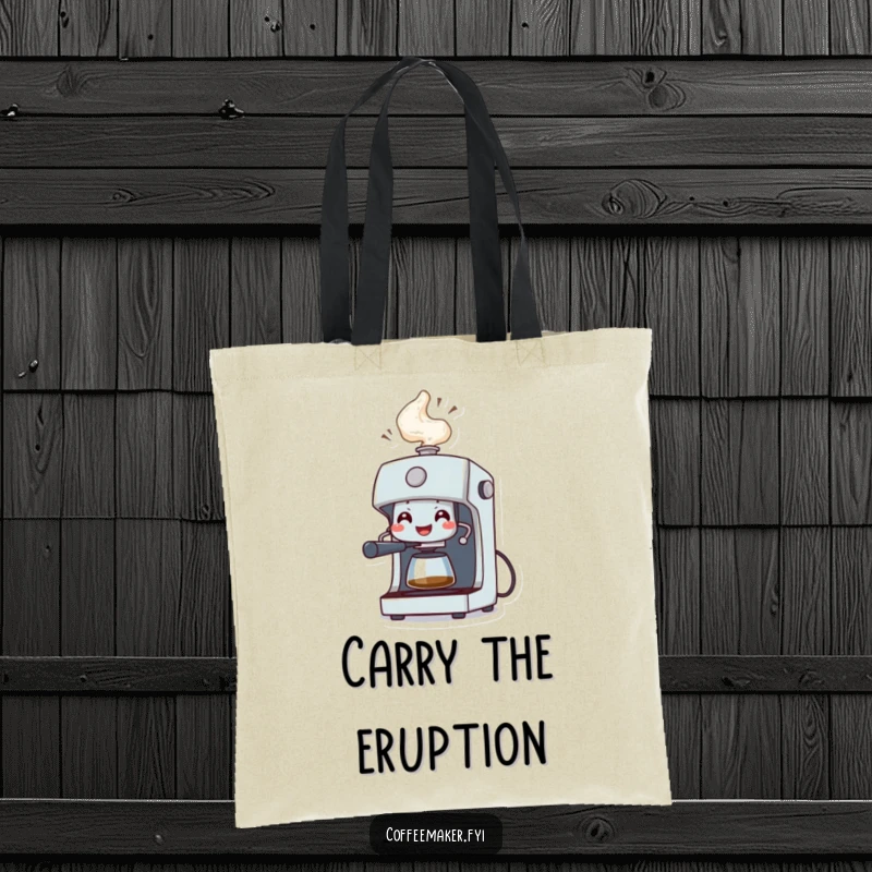Funny Tote Bag: A grinning coffee machine character spraying a celebratory geyser of steam, perfect for coffee lovers.