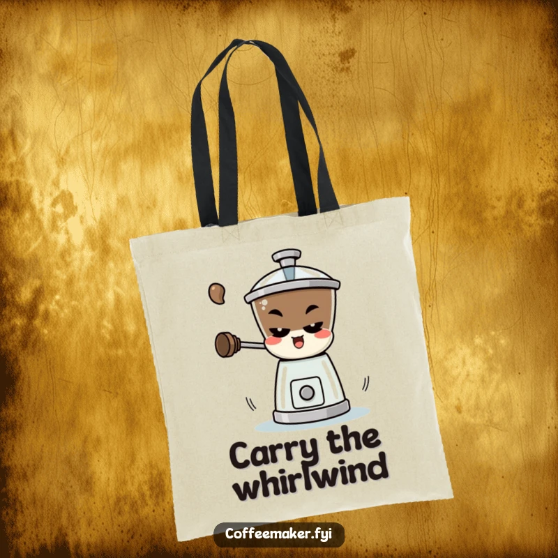 Funny Tote Bag: A mischievous coffee grinder character spinning rapidly, perfect for carrying coffee essentials and smiles.