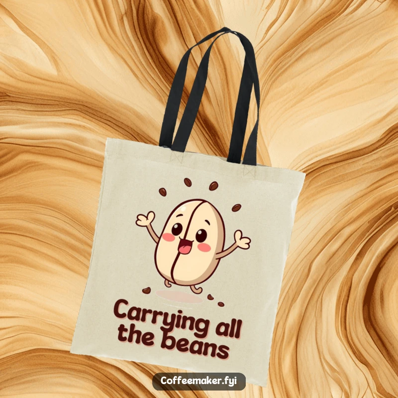 Funny tote bag with a kawaii coffee bean character, illustrated bouncing energetically, full of excitement.
