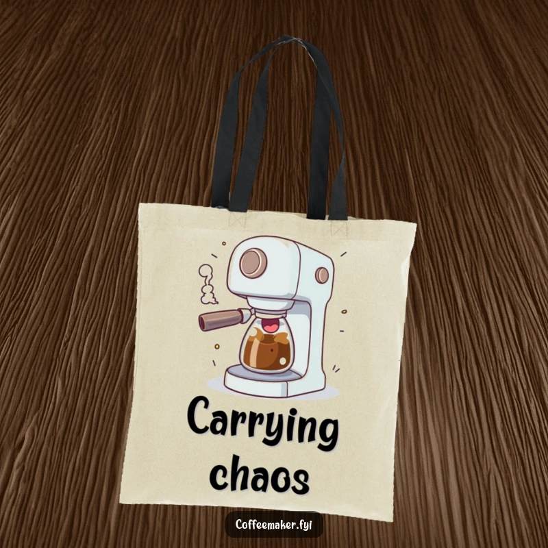 Funny coffee maker character comically sputtering with excitement and erupting steam, on a stylish and humorous tote bag.