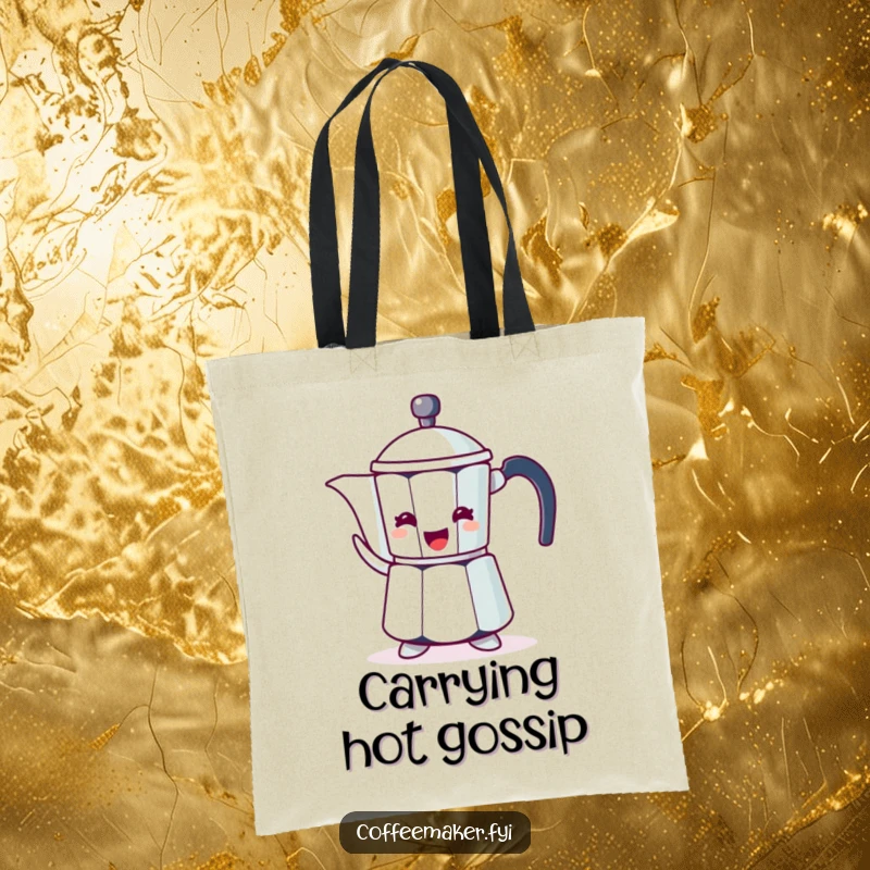 Funny tote bag featuring a coffee pot character, enthusiastically gesturing with its spout.