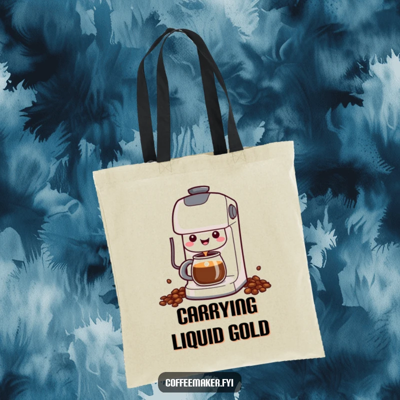 Funny Kawaii Coffee Maker Tote Bag depicting a cheerful character happily dispensing coffee, a humorous and practical accessory.