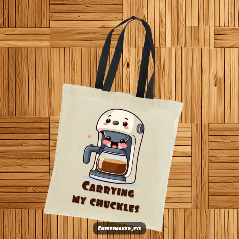 Funny Kawaii Coffee Maker Tote Bag depicting a surprised character with its spout open wide in laughter, a humorous and practical accessory.