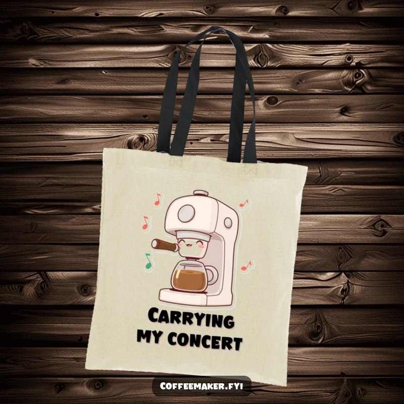 Funny Musical Coffee Maker Tote Bag: Coffee machine dancing with musical notes, perfect for carrying items with a musical vibe.