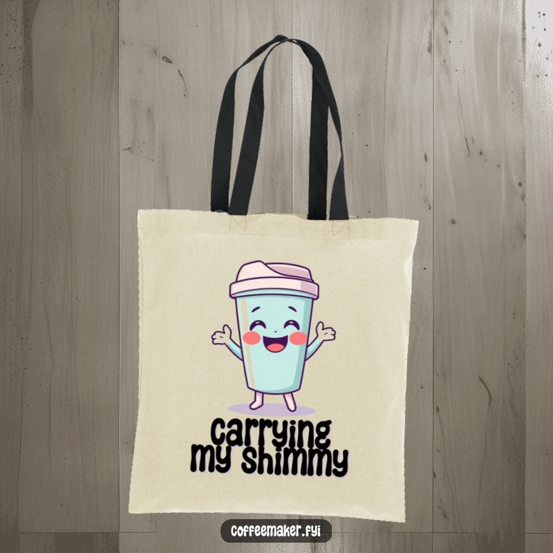 Funny travel mug tote bag with a giggling character doing a funny shimmy, perfect for carrying travel essentials.